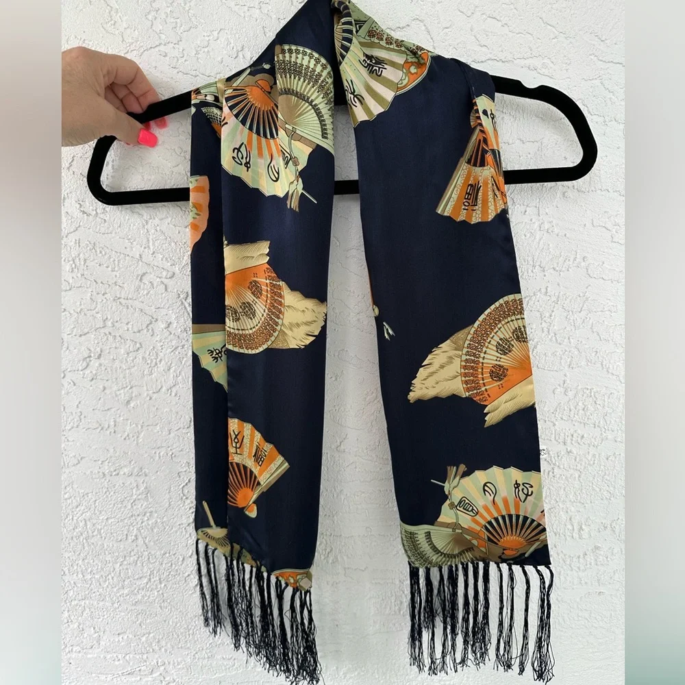 Scarf Silk Fan Pattern Fringe 44” X 10 1/2”